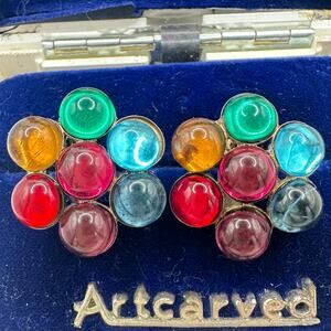 1940s vintage sterling silver rainbow glass cabochons screw back earrings